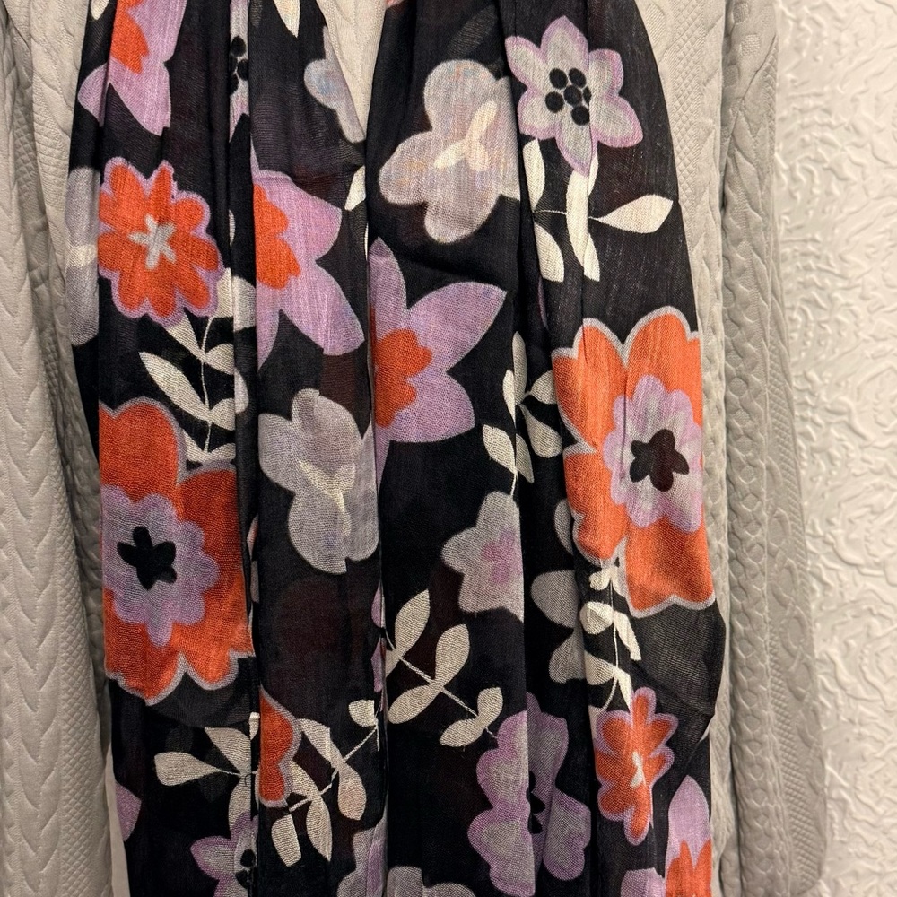 Fringed printed silk scarf - Black with Peach & Purple Flowers